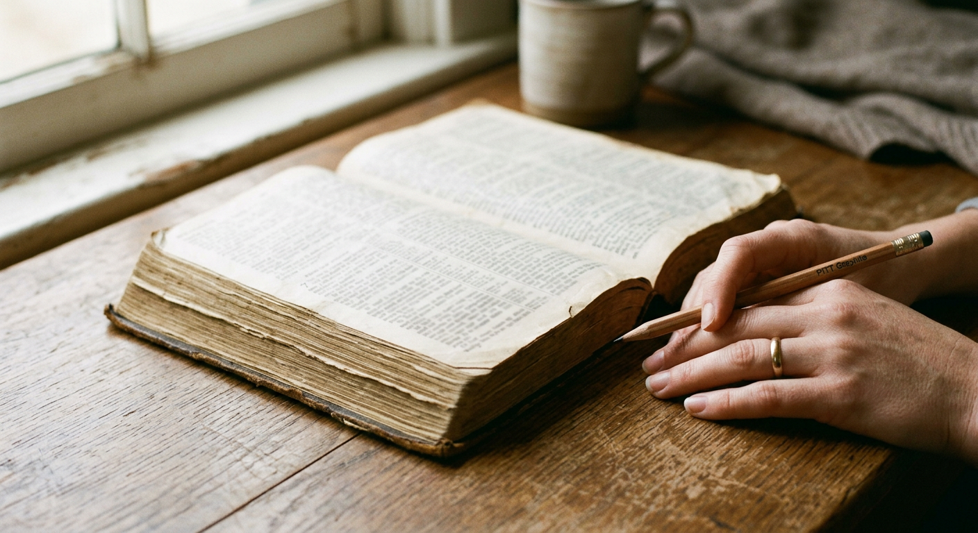 An open Bible on a wooden table